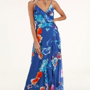 Lulus Sold Out Floral Blue Maxi Dress Small